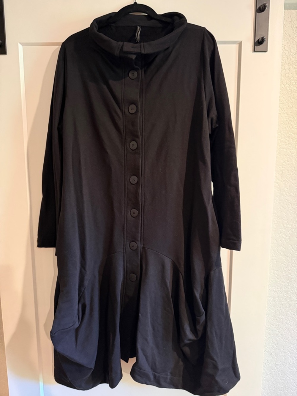 Black Button-Front Midi Dress with Funnel Neck